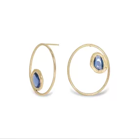 18K Large Open Oval Post Earrings with Blue Sapphire