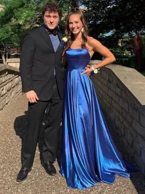 A Line Backless Blue Satin Long Prom Dresses with Straps, Backless Blue Formal Graduation Evening Dresses