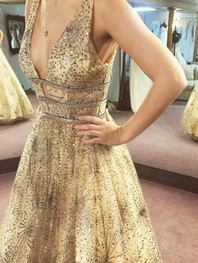 A-Line Gold Sequins Prom Dresses Vintage Cheap Evening Dress ER2016