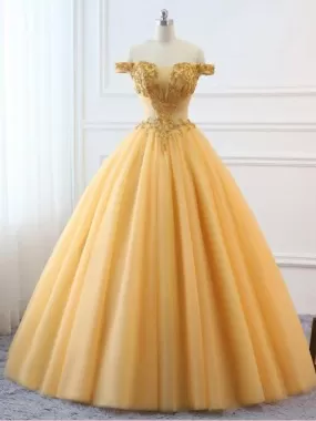 Ball Gown Vintage Prom Dress Plus Size Off The Shoulder Gold Prom Dress #ER282