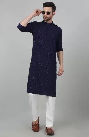 Blue Checkered Pattern Thread Embroidered Kurta Set - Rent