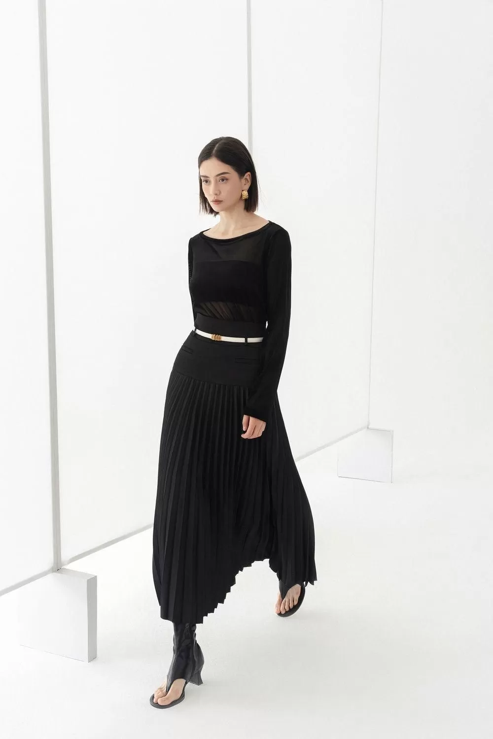 Doris Drop Waist Pleated Silk Midi Skirt