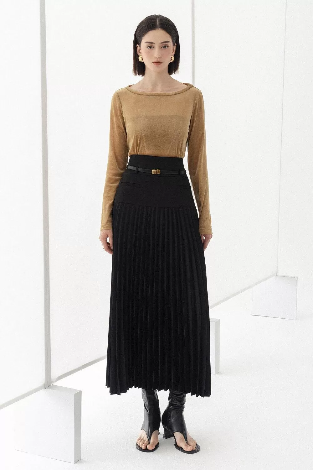 Doris Drop Waist Pleated Silk Midi Skirt