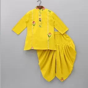 Flower And Leaf Printed Mustard Yellow Kurta And Dhoti