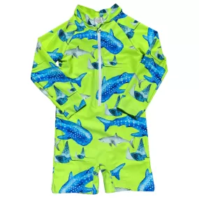 Fluro Green Sharks Unisex Long Sleeve Zip Swimmers