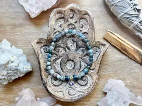 Kyanite Beaded Bracelet || Blue Evil Eye Charm || Reiki Infused