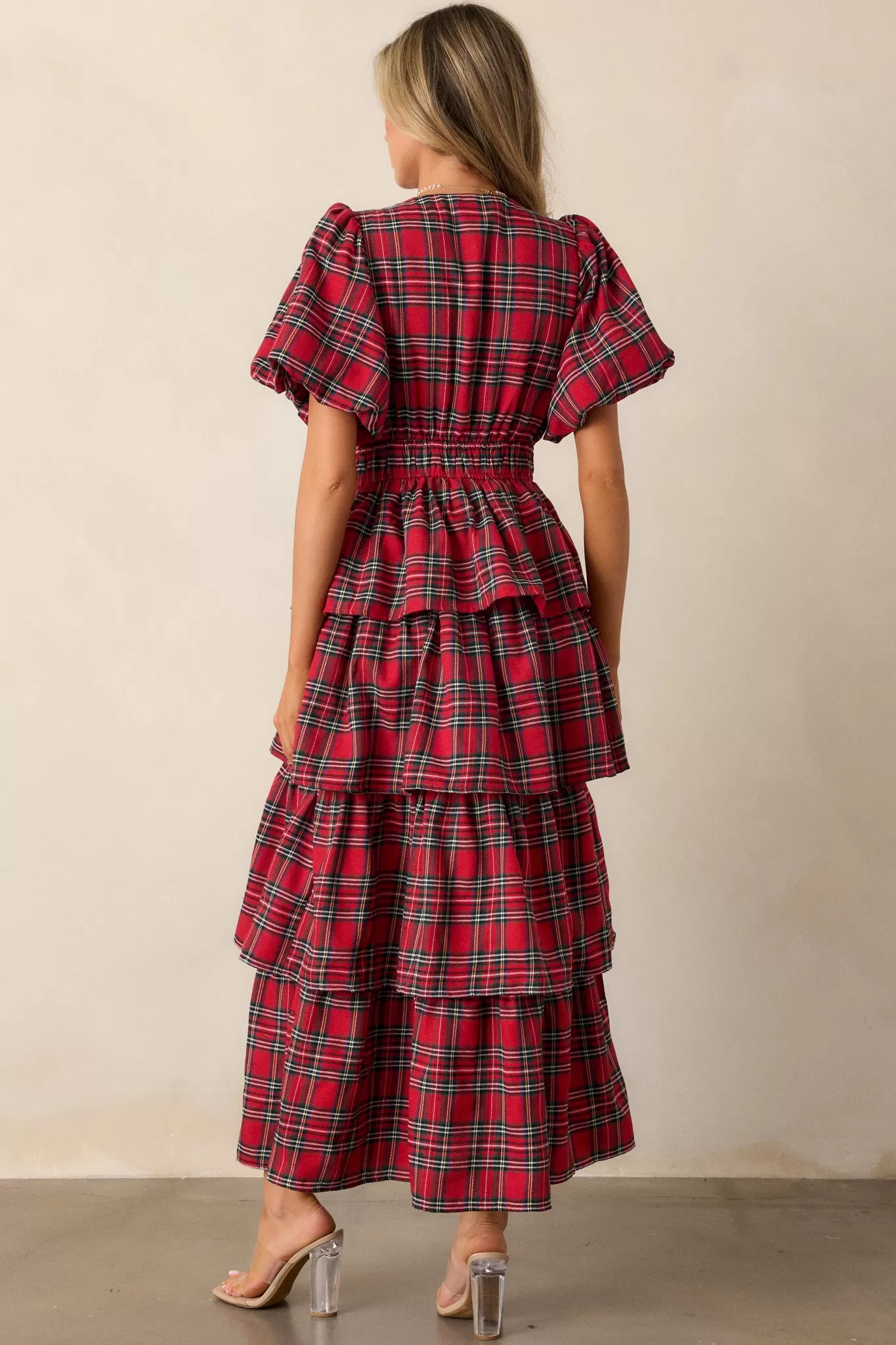 Ribbons of Light Red Plaid Tiered Maxi Dress