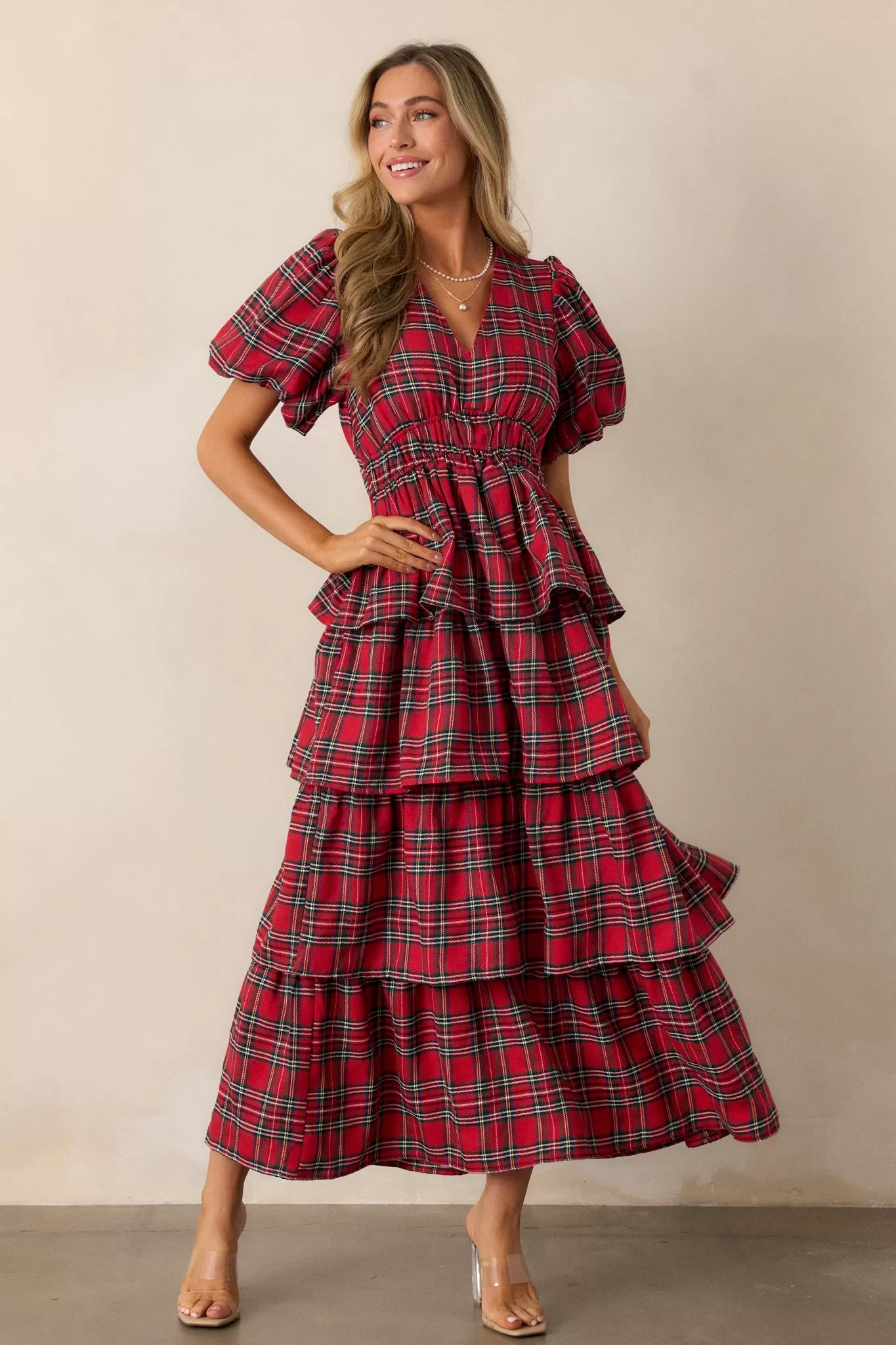 Ribbons of Light Red Plaid Tiered Maxi Dress