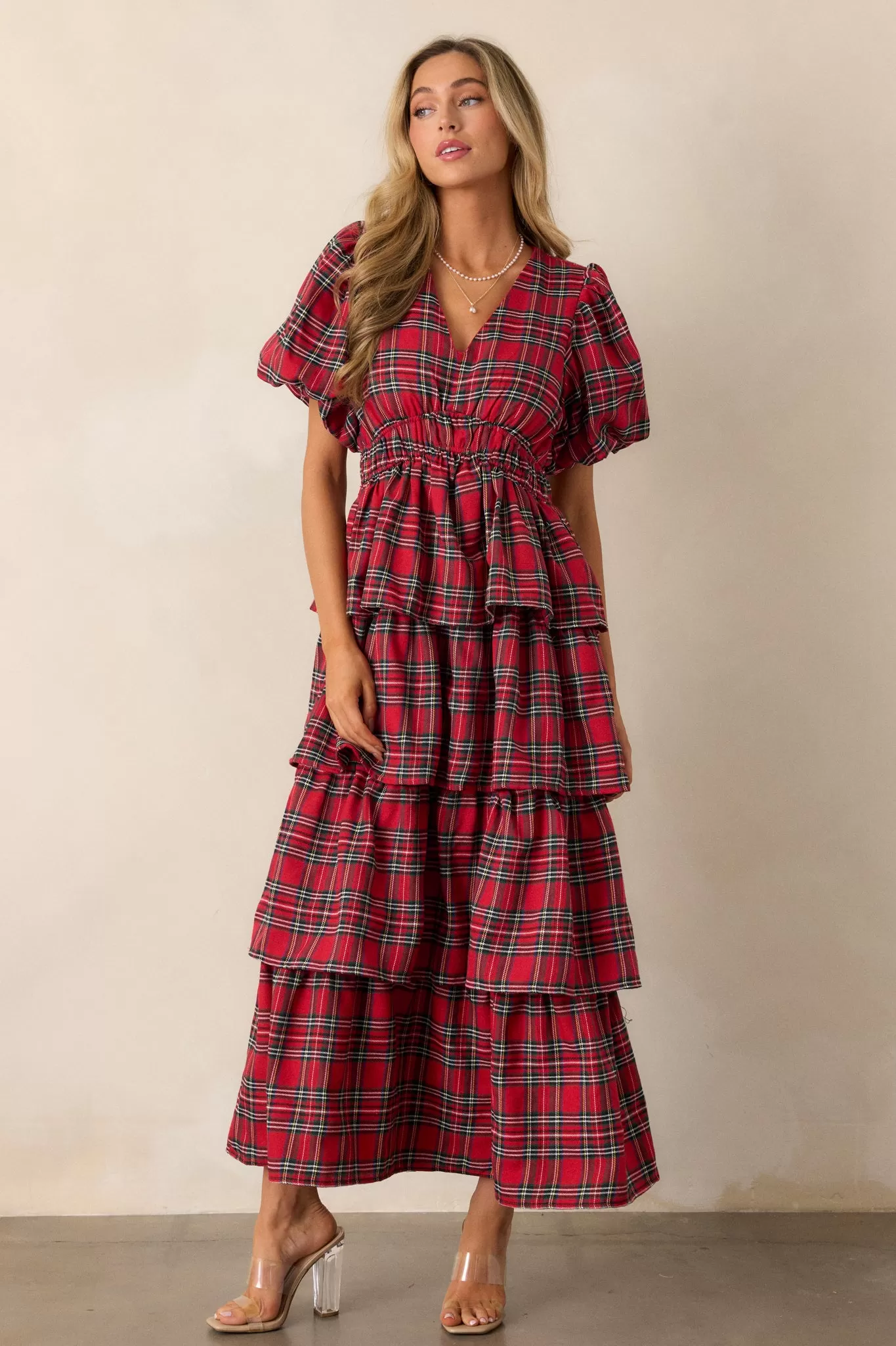 Ribbons of Light Red Plaid Tiered Maxi Dress