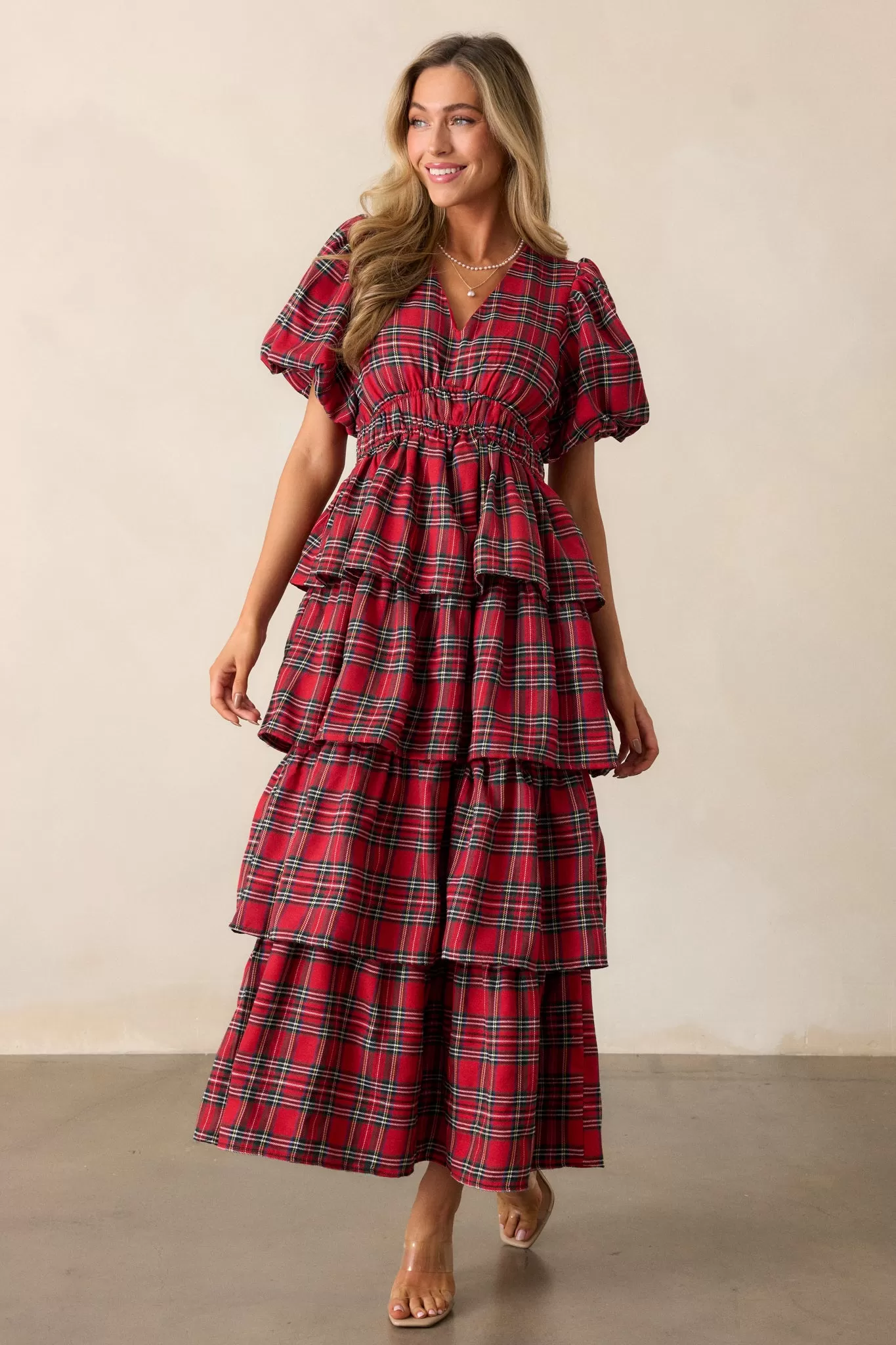 Ribbons of Light Red Plaid Tiered Maxi Dress