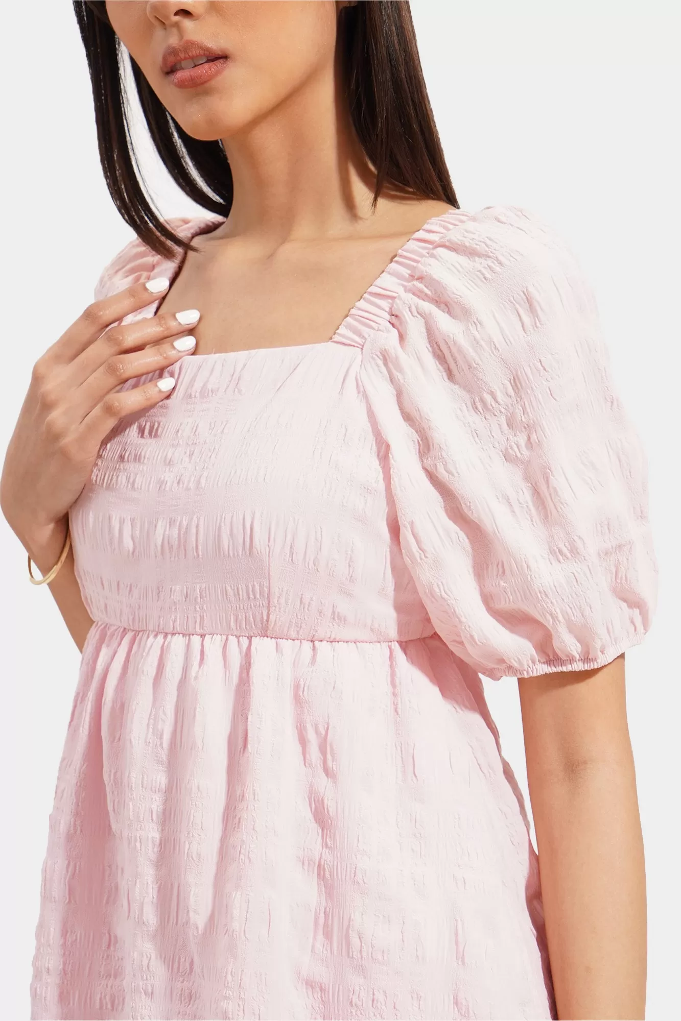 Textured Square Neck Puff Sleeve Dress