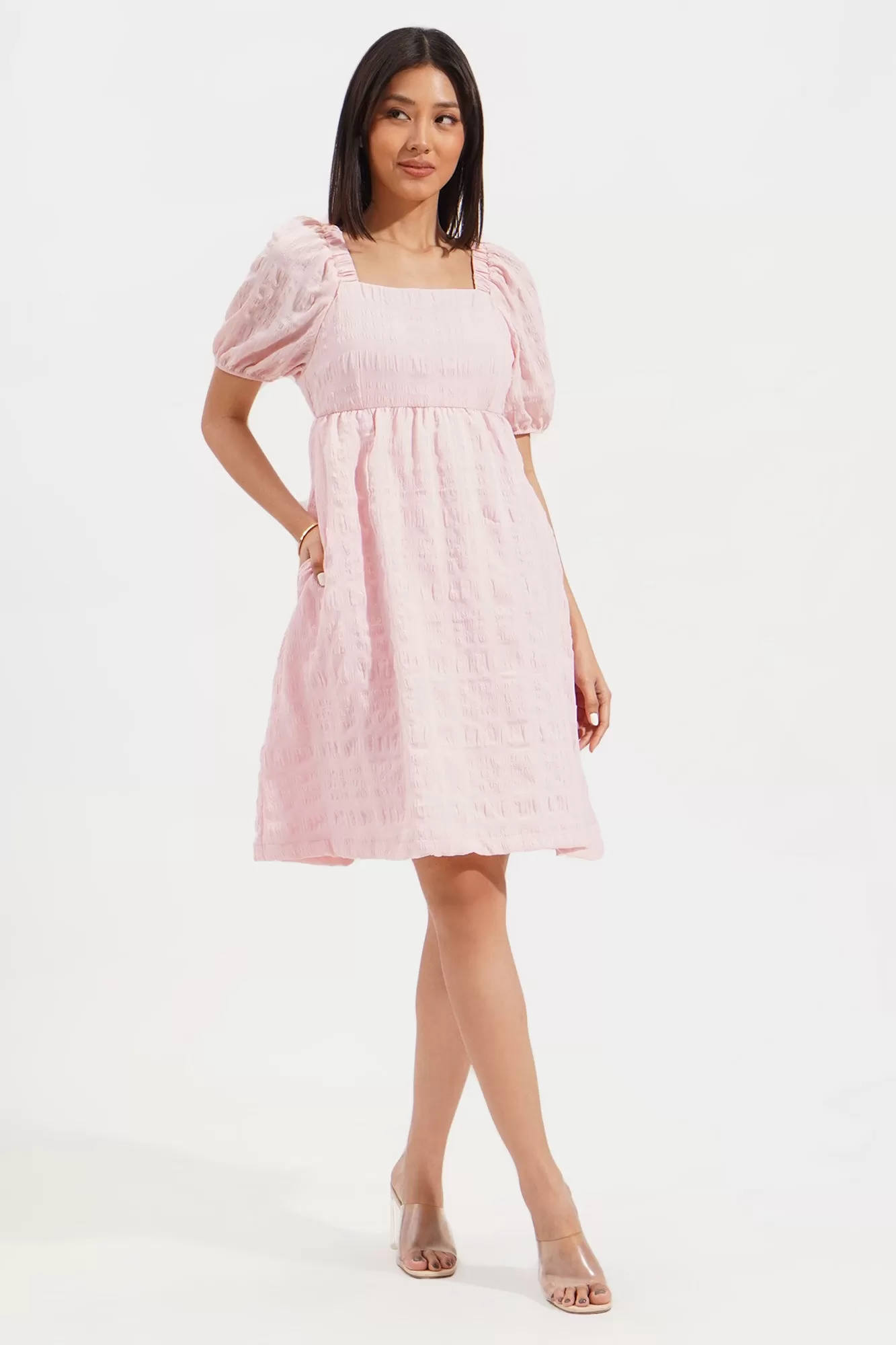 Textured Square Neck Puff Sleeve Dress