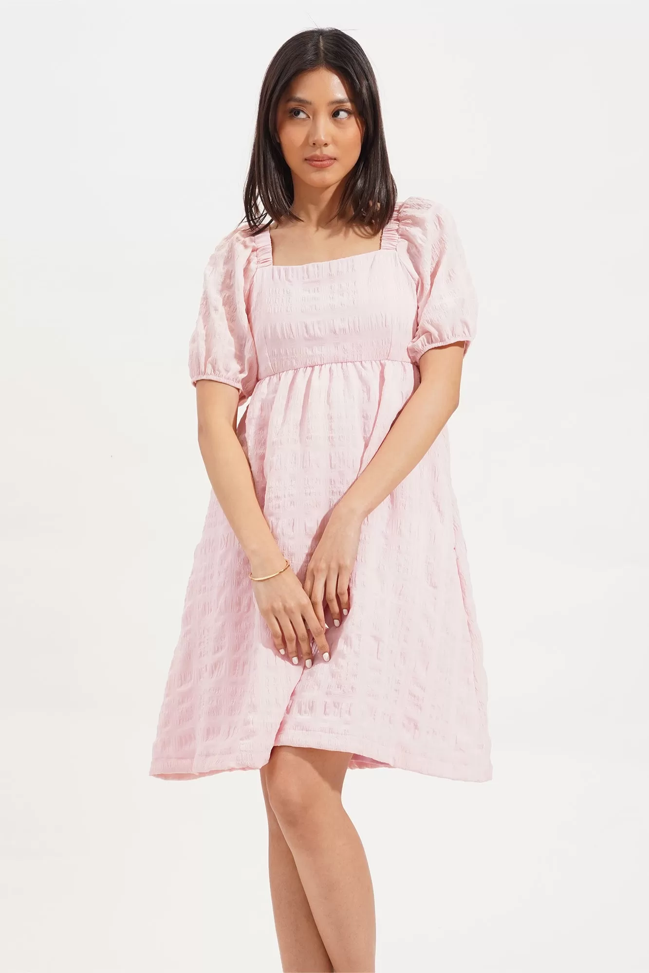 Textured Square Neck Puff Sleeve Dress