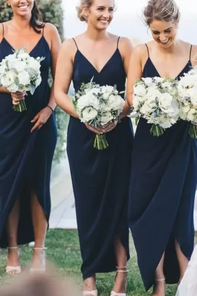 V-neckline Navy Chiffon Bridesmaid Dress with Straps for Wedding 2021 ER2103